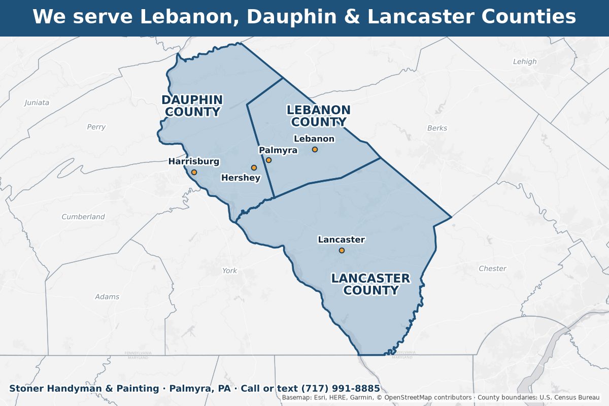 Map of the Stoner Handyman & Painting service area: Lebanon, Dauphin and Lancaster Counties in Pennsylvania shaded in blue, with Palmyra, Hershey, Harrisburg, Lebanon and Lancaster marked
